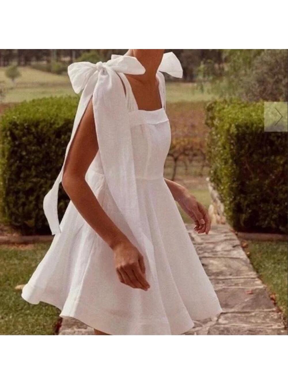 DISSH Aisle Linen Bow Mini Dress - White - Size US 4 (AU 8)